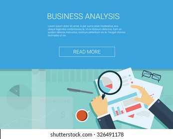Business analysis background with magnifying glass, graphs and charts. Analytics report vector infographics. Eps10 vector illustration.