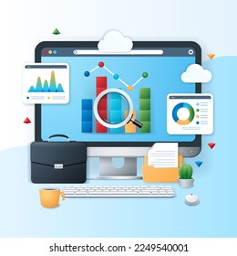 Business analysis banner. Computer with business charts on the screen. Briefcase, statistics, planning icons. Web vector illustration in 3D style
