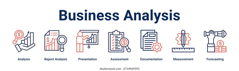Concepto de Ilustración vectorial de íconos de Web de análisis de negocios con íconos de análisis, análisis de informes, presentación, evaluación, Anuncio, medición.