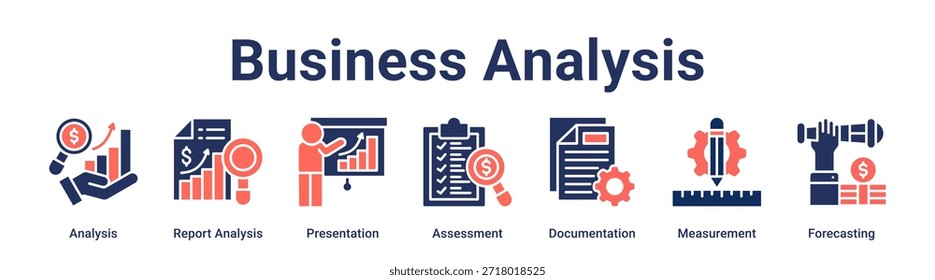 Concepto de Ilustración vectorial de íconos de Web de análisis de negocios con íconos de análisis, análisis de informes, presentación, evaluación, Anuncio, medición.