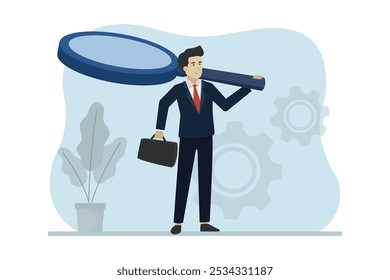 Business analysis. Businessman carrying magnifying glass. Business vector illustration.