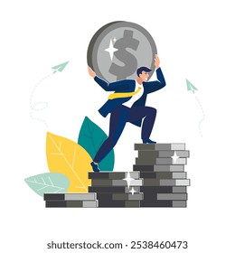 Business analysis. Businessman with a silver dollar coin climbs up the growth stacks of pennies. Investment, people. Presentation of finances. Money profit, career growth, success. Vector illustration