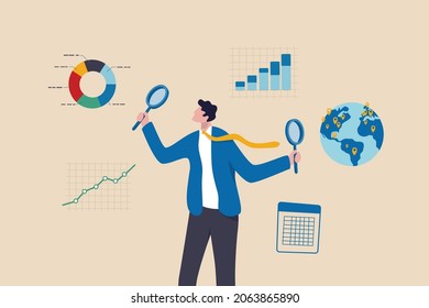 Business analysis, calculate or research for market growth, financial report, investment data or sale information concept, smart businessman analyst holding magnifying glass analyze graph and chart. - Shutterstock ID 2063865890