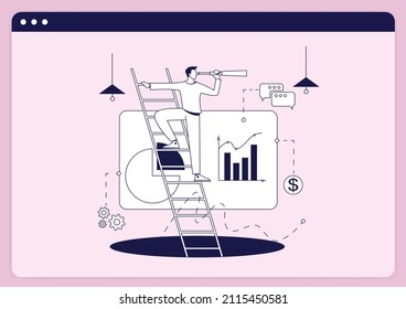 Business analysis, calculate or research for market growth, financial report, investment data or sale information concept. Businessman analyst telescope on top of ladder