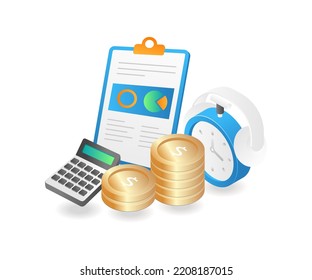Business analysis calculation notes in isometric flat illustration