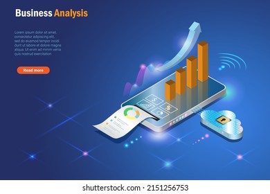 Business analysis with cloud computing. Smartphone app analysing growth graph sales report in 3D. Innovation technology for successful business, digital marketing and strategy planning in futuristic. 