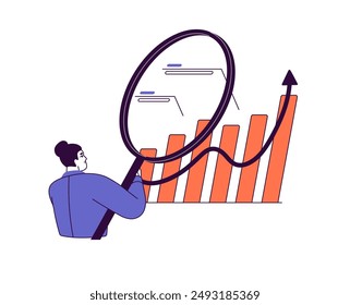 Business analysis concept. Analyst researches increasing metrics on chart diagram. Employee explores financial graphs with magnifier. Flat isolated outline vector illustration on white background