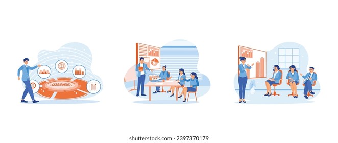 Business analysis concept. Analyze business valuation. The team analyzes the financial report graphs on the screen. Female manager leading meeting. set trend modern vector flat illustration