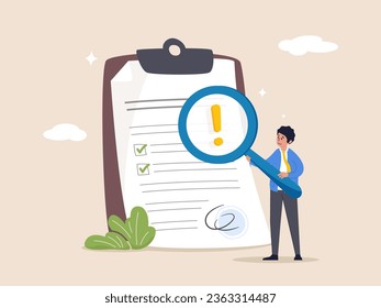 Business analysis concept. Audit, professional check of documentation, investigation, inspection. Man holding magnifying glass and examining document. Modern flat colorful vector illustration.