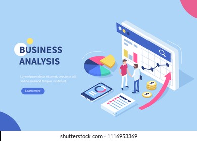 Business analysis  concept banner with characters. Can use for web banner, infographics, hero images. Flat isometric vector illustration isolated on white background.