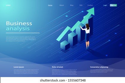 Business analysis concept banner with characters. Isometric concept business analysis for website and mobile website. Data analysis design concept. Business lady analyze the growing schedule