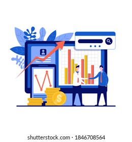 Concepto de análisis de negocio con carácter. Inversión y financiamiento virtual. Comunicación y marketing contemporáneo. Moderno estilo plano para página de inicio, aplicación móvil, infografías, imágenes de héroes.