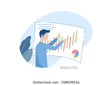 business analysis concept with characters. Flat vector illustration for banner, mobile onboard or business hero images. 