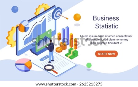 Business analysis concept with charts, graphs, and financial elements in isometric graphic style on a clean white background. Concept of data statistics. Vector illustration