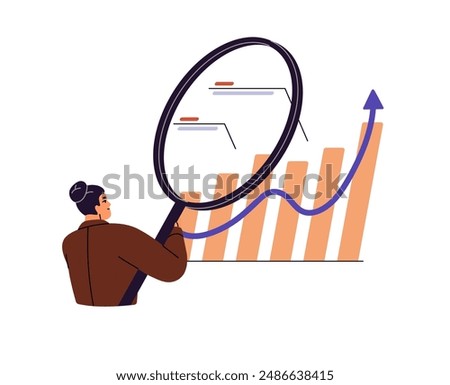 Business analysis concept. Financial analyst explores metrics on increasing chart diagram. Employee does research with KPI, graphs, magnifier. Flat isolated vector illustration on white background