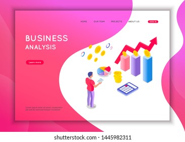 Business analysis concept. Graphic and audit documentation, economic analysis financial budget. Flat isometric vector illustration isolated on white background