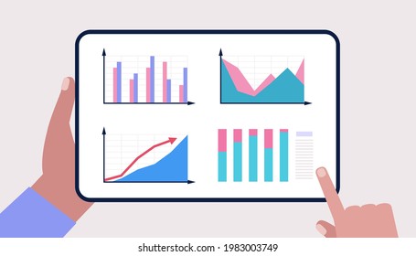 Business analysis concept. Hand hold tablet with infographic, project, statistics, diagram. Vector illustration in a flat style.
