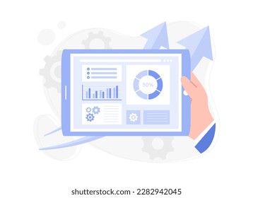Business analysis concept, hand holds tablet with infographic project, statistics, diagram in screen. Modern vector flat illustration