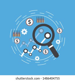 Business Analysis concept with illustration of magnifying glass on statistical graph.