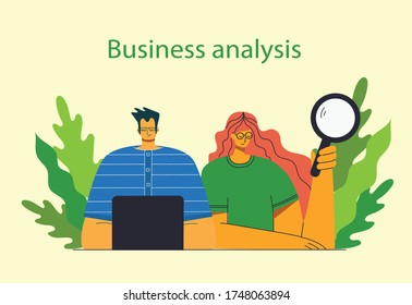 Business analysis concept illustration in modern flat and clean design. Men and women use laptop and tablet. Landing page for web development, design.