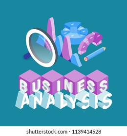 Business analysis concept. Image of a magnifying glass, graphs and diagrams. Highly detailed vector illustration of isometric objects
