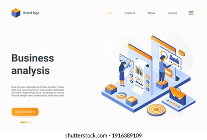 Business analysis concept isometric vector illustration. Cartoon 3d businessman character team analyzing data information, working with database charts on dashboard, digital technology landing page