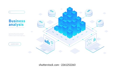 Business analysis concept. Laptops with graphs and charts near columns with dollars. Consulting for company performance. Infographics and statistics. Cartoon isometric vector illustration