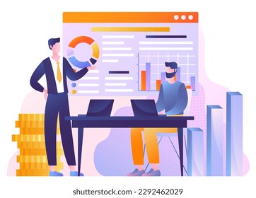 Concepto de análisis de negocio. Hombres en el fondo de tablas, gráficos y diagramas. Análisis y comparación de información, infografía. Brainstorming e investigación de mercado. Dibujo vectorial plano de dibujos animados
