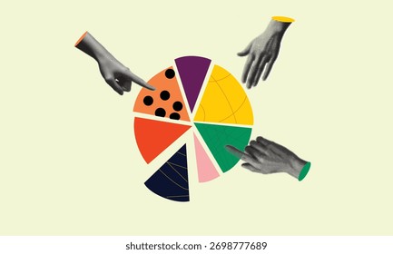 Concepto de análisis de negocio: múltiples manos estilizadas que apuntan a un gráfico circular colorido que muestra la cuota de mercado, la distribución de datos, la colaboración y la planificación de estrategias.