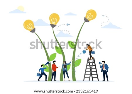 business analysis concept. people growing potted plants, a metaphor for a creative idea. graphic design idea of project activity, flat vector illustration on white background.