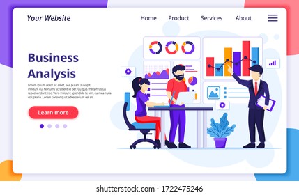 Business Analysis concept, People sitting on desk work with charts and graphic data visualization. Modern flat web page design for website and mobile development. Vector illustration