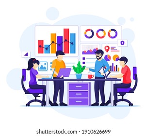 Business Analysis concept, People sitting on desk work with charts and graphic data visualization flat vector illustration