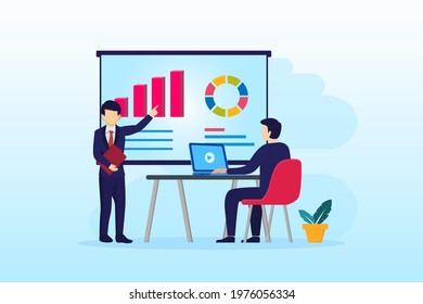 Business Analysis concept, People sitting on desk work with charts and graphic data visualization. landing page website illustration flat vector template.