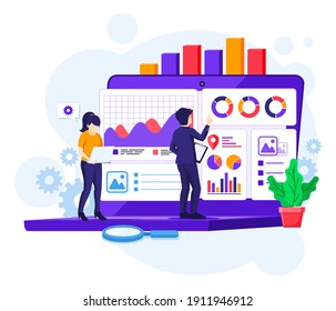 Business Analysis concept, People work in front of a big laptop. Auditing, Financial consulting flat vector illustration