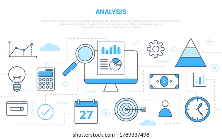 concepto de análisis de negocio con varias líneas de iconos como gráfico e investigación de gráficos con vector de estilo de línea moderno