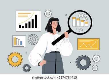 Business analysis concept. Woman with magnifying glass evaluates graphs. Development of financial strategy. Girl conducts marketing research, studies information. Cartoon flat vector illustration