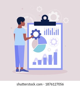 Business analysis concept. Young man presenting infographic, project, statistics. Vector illustration in a flat style.