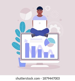 Concepto de análisis de negocio. Joven con una laptop que presenta infografía, proyecto, estadísticas. Ilustración vectorial en un estilo plano.