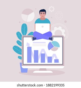 Concepto de análisis de negocio. Joven con una laptop que presenta infografía, proyecto, estadísticas. Ilustración vectorial en un estilo plano.