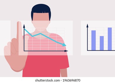 Business analysis concept. Young man analyzes infographic, project, statistics. Vector illustration in a flat style.