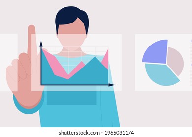 Business analysis concept. Young man analyzes infographic, project, statistics. Vector illustration in a flat style.