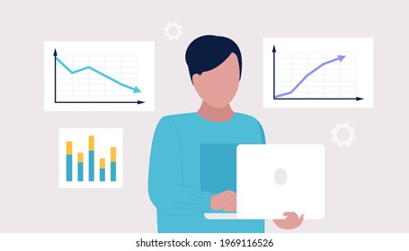 Business analysis concept. Young man holds laptop and analyzes infographic, project, statistics. Vector illustration in a flat style.