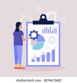 Business analysis concept. Young woman presenting infographic, project, statistics. Vector illustration in a flat style.