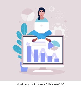 Business analysis concept. Young woman with a laptop  presenting infographic, project, statistics. Vector illustration in a flat style.