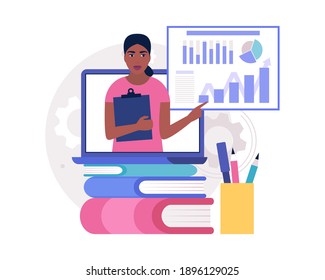 Business analysis concept. Young woman presenting infographic, project, statistics. Vector illustration in a flat style.
