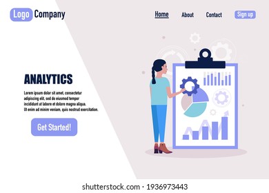 Business analysis concept. Young woman presenting infographic, project, statistics. Website template. Vector illustration in a flat style.