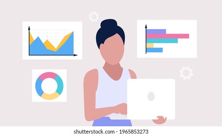 Business analysis concept. Young woman holds laptop and analyzes infographic, project, statistics. Vector illustration in a flat style.