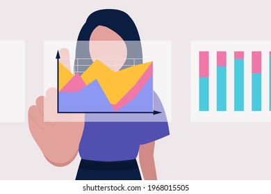 Business analysis concept. Young woman analyzes infographic, project, statistics. Vector illustration in a flat style.