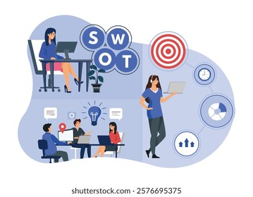 Business analysis concepts, including SWOT analysis, teamwork meetings, and goal targeting with graphical elements for strategic planning. Flat vector modern illustration 