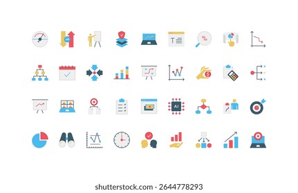 Análise de negócios, análise de dados de especialistas, painel de soluções AI conjunto de ícones de cores. Tendência do mercado de ações e apresentação da placa gráfica, pesquisa matemática sobre correlação, alternativas ilustração de vetor plano